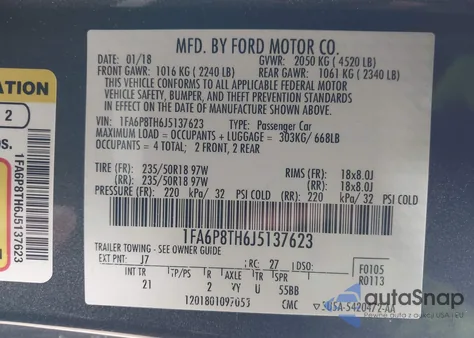 2018 Ford Mustang Ecoboost z USA, uszkodzony, nr VIN 1FA6P8TH6J5137623